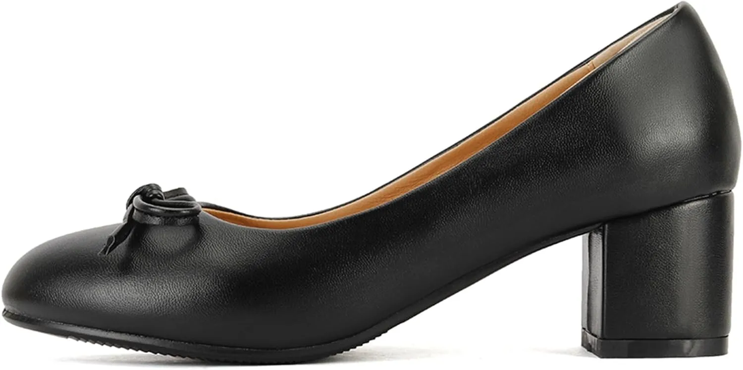 Women's Round Toe Chunky Heel Loafers Slip-on Pumps Dress Shoes with Bows