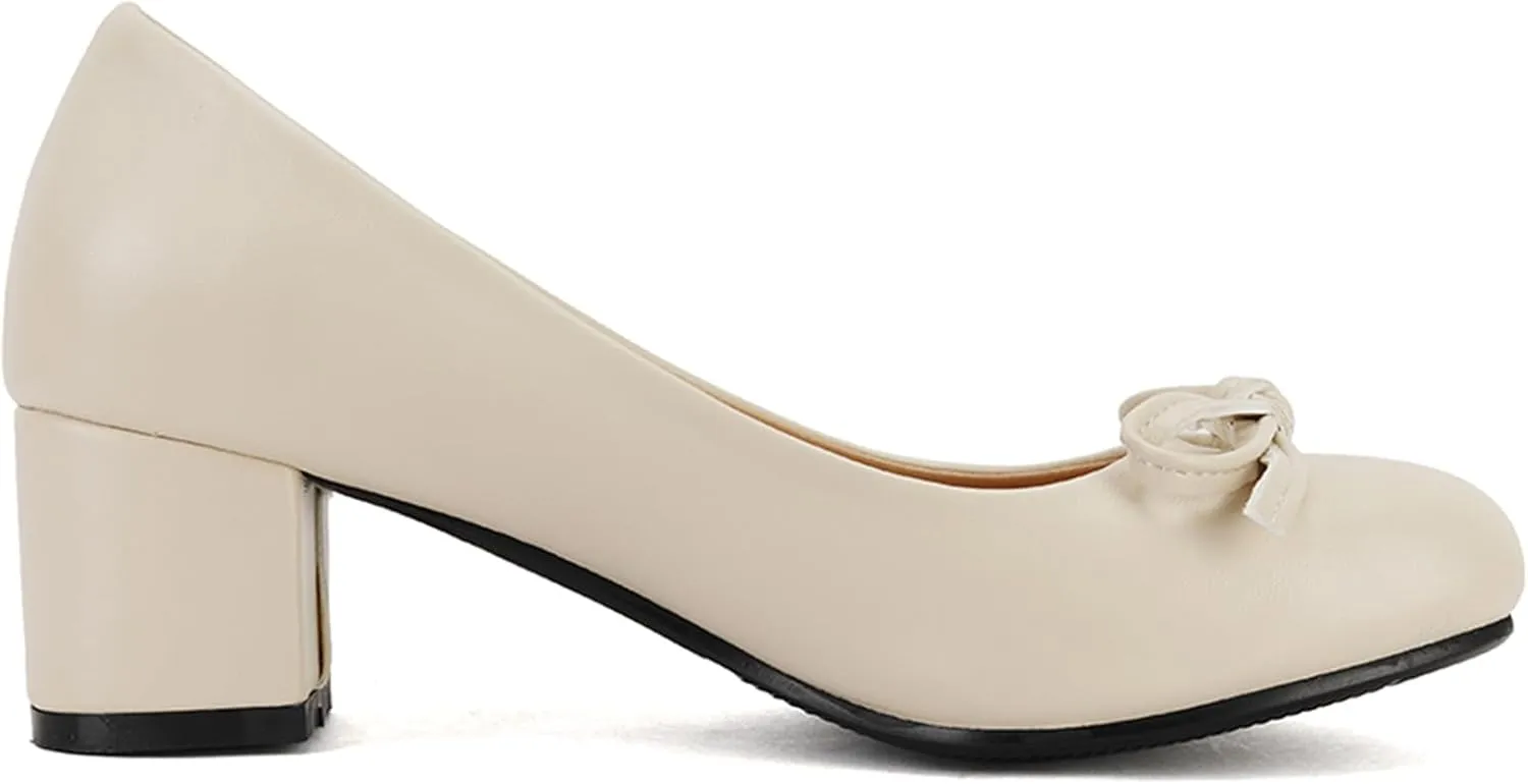 Women's Round Toe Chunky Heel Loafers Slip-on Pumps Dress Shoes with Bows