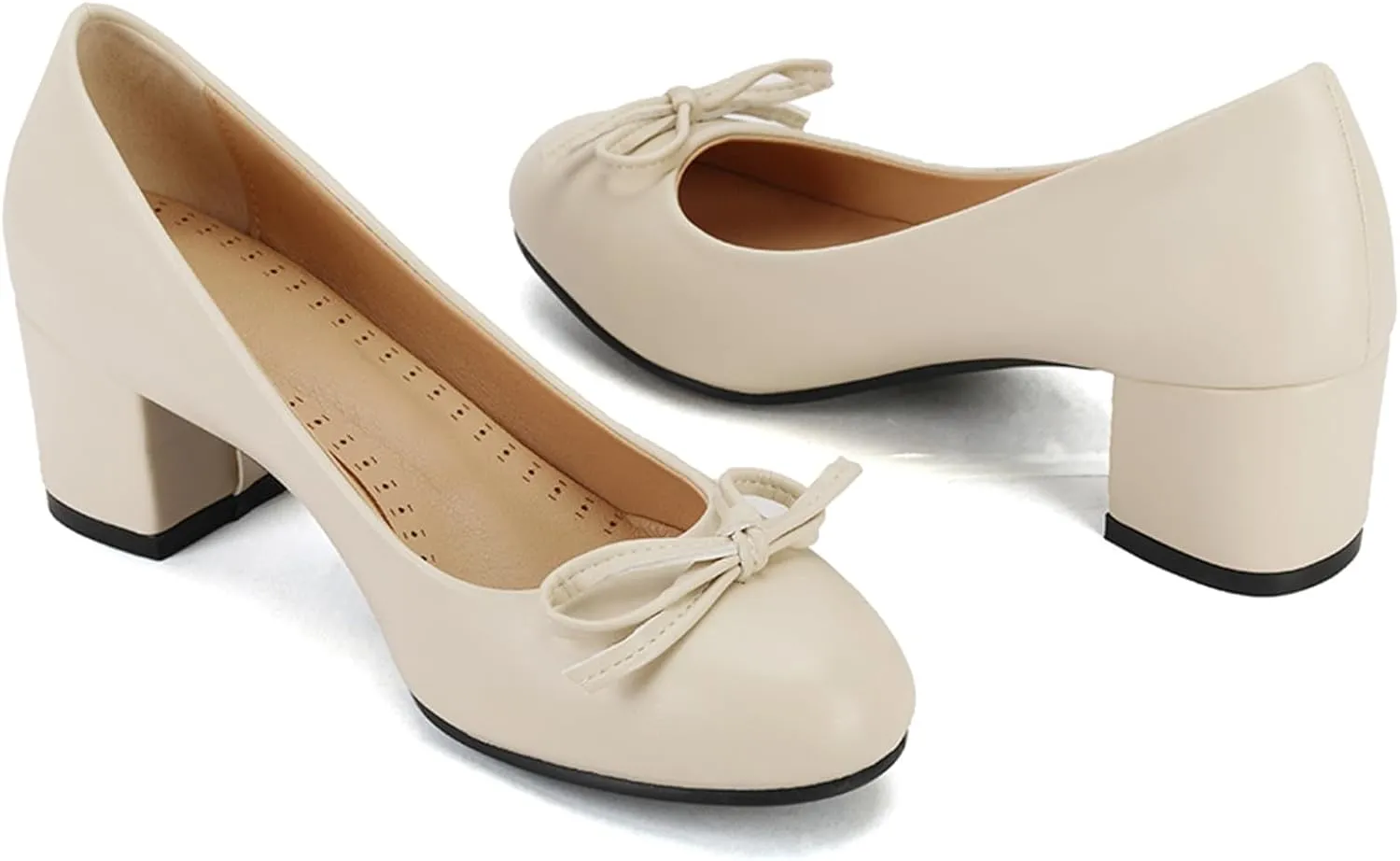 Women's Round Toe Chunky Heel Loafers Slip-on Pumps Dress Shoes with Bows