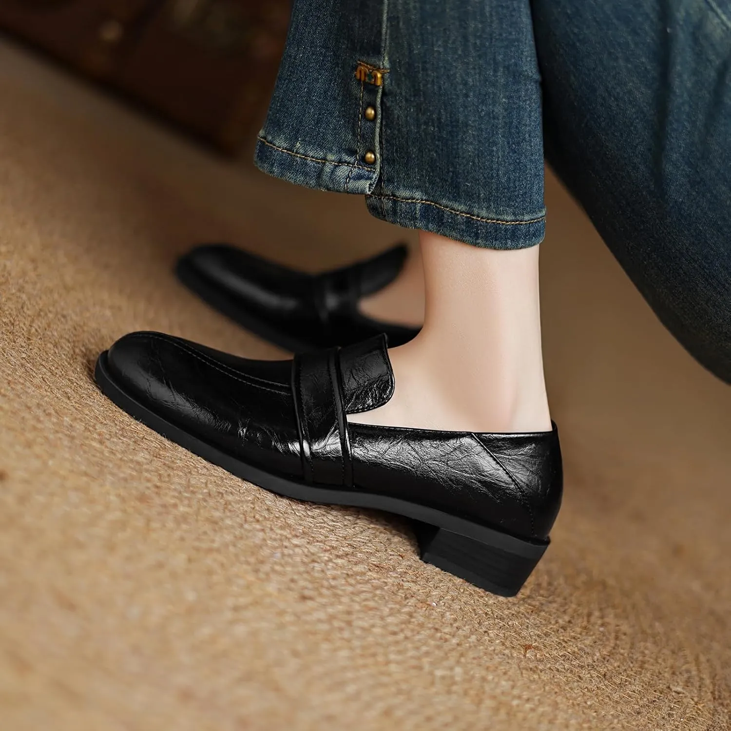 Women's Solid Color Pumps Round Toe Slip On Loafers with Comfortable Low Heel