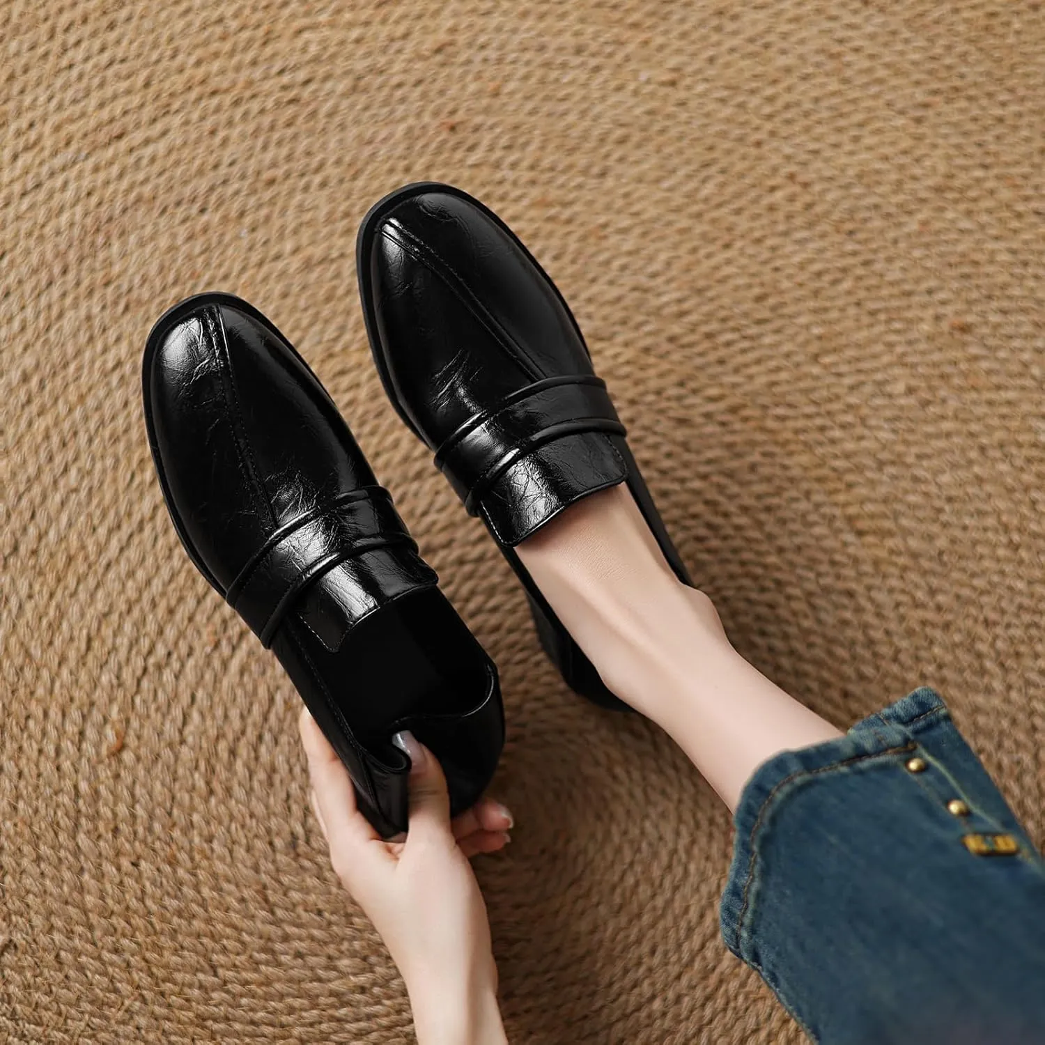 Women's Solid Color Pumps Round Toe Slip On Loafers with Comfortable Low Heel