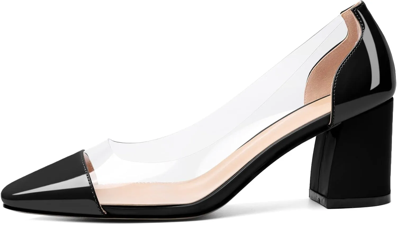 YODEKS Women Clear Heel Pumps Low Block Chunky Heel Pumps 2.5 Inch Square Cap Toe Slip On Shoes for Party Prom Dress