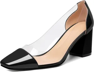 YODEKS Women Clear Heel Pumps Low Block Chunky Heel Pumps 2.5 Inch Square Cap Toe Slip On Shoes for Party Prom Dress